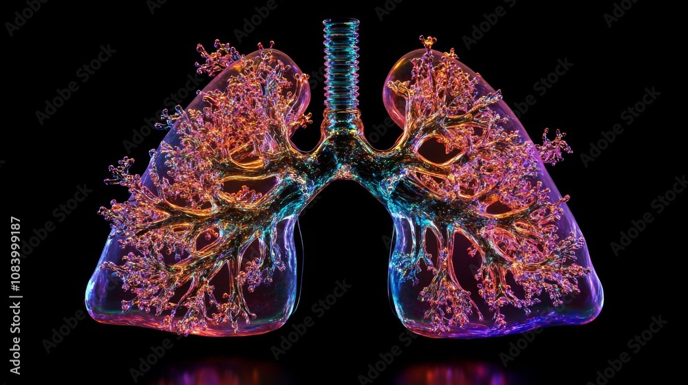 Poster Colorful Artistic Representation of Human Lungs with Intricate Bronchial Structures Illuminated in Neon Hues Against a Dark Background