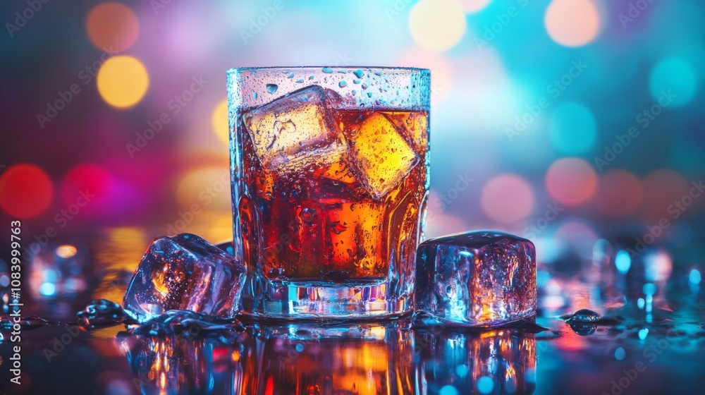 Poster A Close-Up View of a Refreshing Glass of Brown Cocktail with Ice on a Colorful Blurred Background Evoking a Vibrant Nightlife Atmosphere