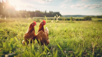 Two chickens on green meadow, rural farm landscape background with copy space