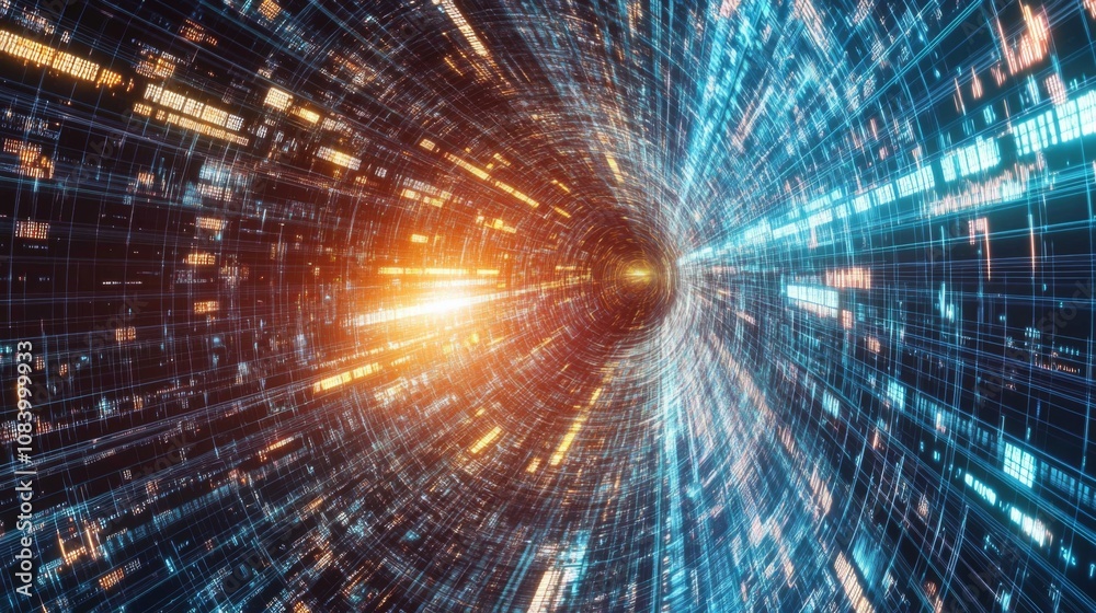 Poster Dynamic Abstract Illustration of High-Speed Data Flow in a Digital Tunnel Representing Technology, Speed, and Innovation in a Vivid Colorful Environment