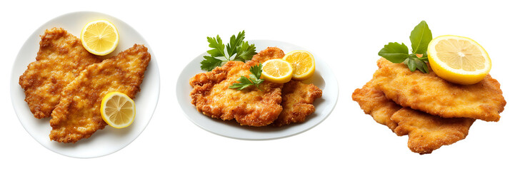 Set of an Austrian schnitzel with lemon, isolated on a transparent background.