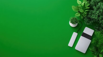 A minimalist workspace with plants and tech devices on a green background.