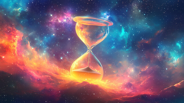 A surreal depiction of a glowing hourglass amidst a vibrant galactic background, blending the concepts of time, space, and the universe in a colorful, cosmic setting. Galactic. Illustration