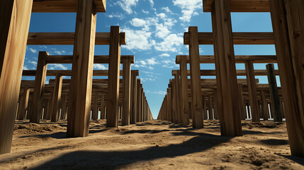 Rows of wooden beams and supports rising from the ground, with hints of blue sky above, marking the foundation of a home soon to be filled with memories.