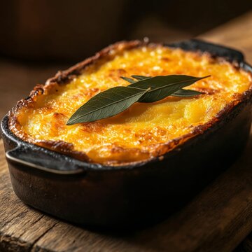 Oven-baked bobotie in cast iron dish with bay leaves