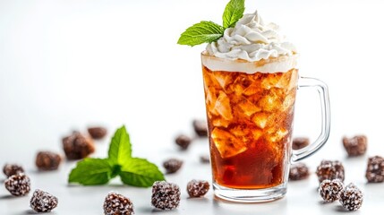 Refreshing Thai Iced Tea with Cream on White Background