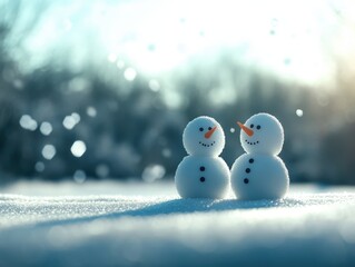 two cheerful snowmen in a winter landscape