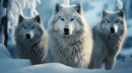 Obraz premium Alert wolves standing on snowy white winter landscape.
