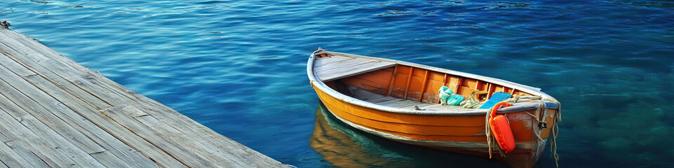 Obraz premium A small wooden boat gently rocking at the dock, with a colorful life vest hanging from the rail.
