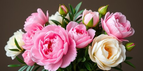 A beautiful arrangement of pink peonies and roses with plenty of copy space, nature, background