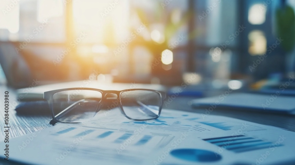 Poster a pair of glasses sits on top of a piece of paper with a graph on it