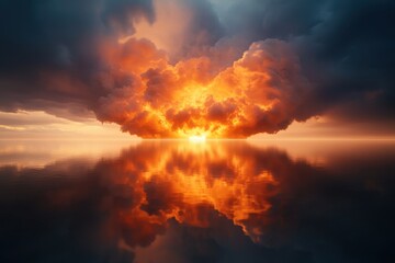 Obraz premium dramatic sunset reflecting on calm water with vibrant clouds