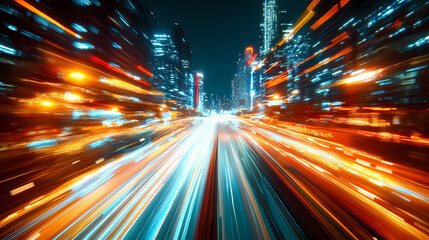 Fototapeta premium Blazing through cyber-futuristic cityscape: speed, lights, and advanced urban infrastructure engulfs the night. Galactic. Illustration