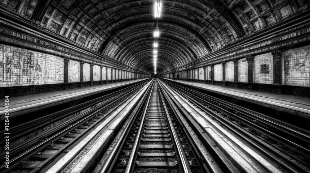 Aufkleber serene underground subway tunnel perspective with symmetrical tracks leading into softly lit distanc