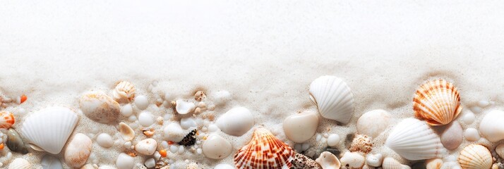 Fototapeta premium Seashells on White Sand with Sea Foam Summer Beach Background Image