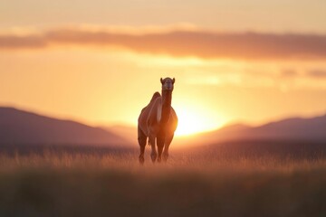 a camel walking in the sunset with mountains in the background