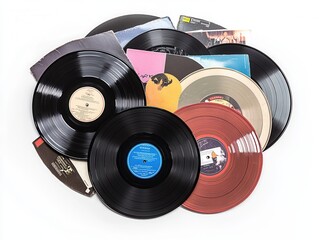 Collection of Vintage Vinyl Records with Colorful Sleeves and Labels - Nostalgia Music Background