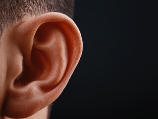 Naklejka premium A close-up image of a human ear, showcasing its intricate details and contours against a dark background.
