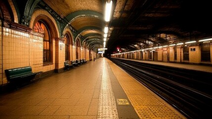 Fototapeta premium Industrial-style subway station with a long, empty platform, intricate arches, vintage tile work, and ambient lighting, showcasing urban architecture and transport infrastructure.