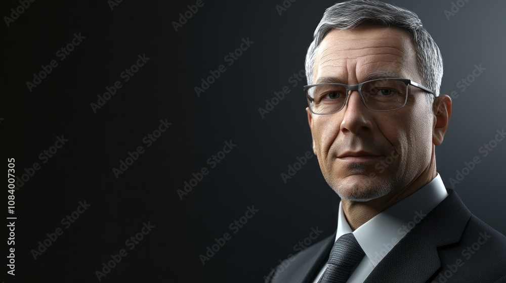 Aufkleber a man in a suit and glasses is standing in front of a dark background