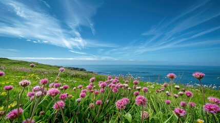 Obraz premium Vibrant sea thrift and salt-tolerant wildflowers bloom in a lush coastal meadow, swaying gently in the ocean breeze beneath a bright blue sky.