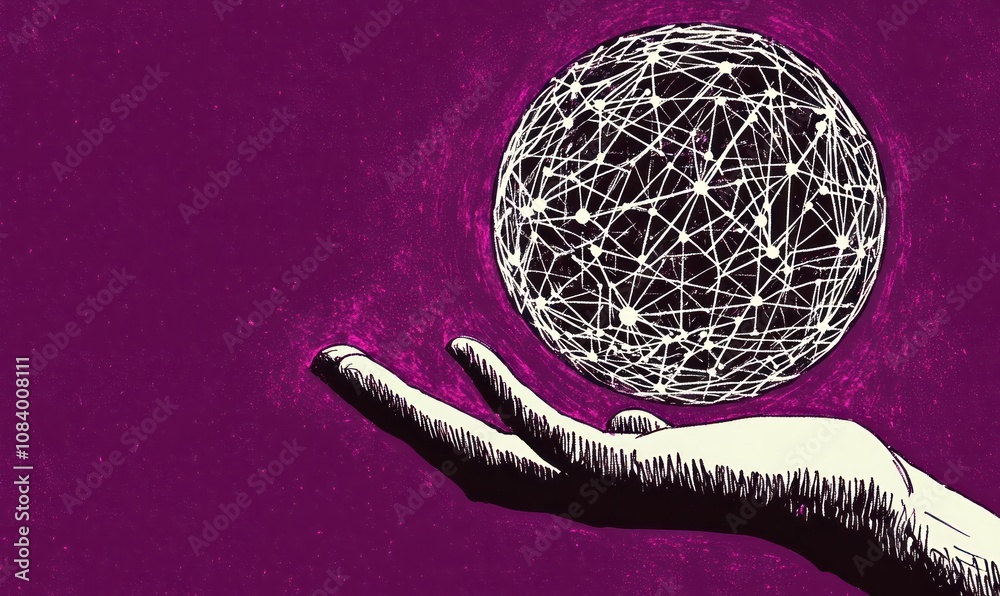 Poster a hand holds a glowing sphere made of interconnected lines against a purple background.