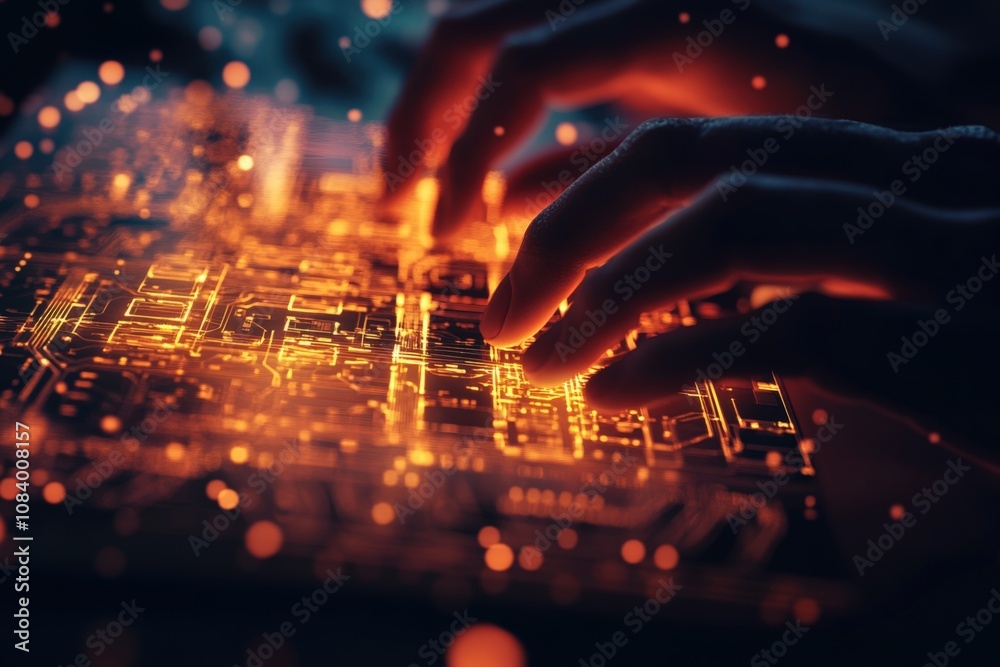 Wall mural hands interacting with a glowing circuit board representing technology and innovation