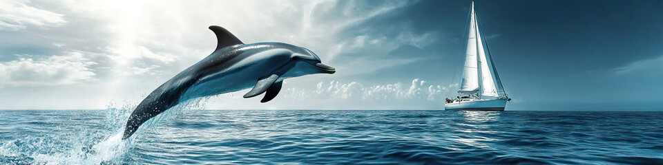Obraz premium A playful dolphin leaps alongside a sailboat, its glittering back reflecting the sun's rays.
