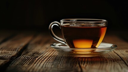 Fototapeta premium Vintage glass teacup on wooden table over black background with copy space