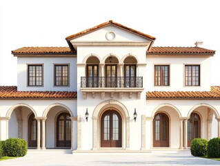 Fototapeta premium Luxurious Mediterranean-Style Mansion Exterior with Terracotta Roof, Arched Windows, and Columns - Architectural Design Stock Photo