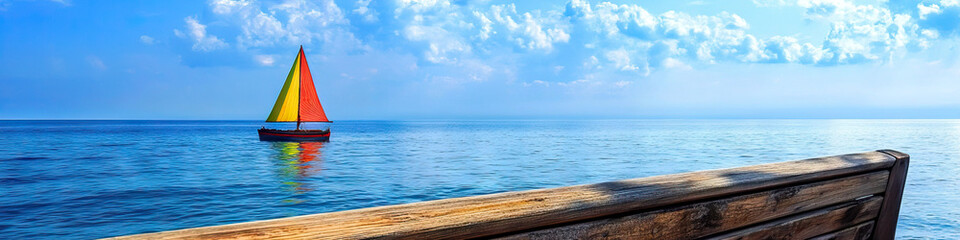 A serene sailboat, gently gliding on a calm sea, with a wooden bench and colorful sail in focus.