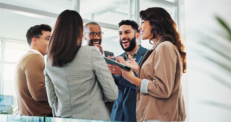 People, laugh and meeting in lobby for business, positive feedback and discussion with tablet. Employees, excited or chat in office for company news, successful campaign or socializing with diversity