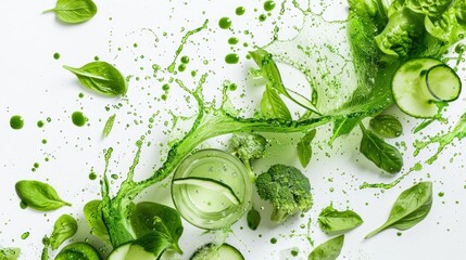 Obraz premium Vivid splashes of fresh green juice against a clean white background evoking a sense of health vitality and rejuvenation This dynamic image captures the essence of a nutritious plant based lifestyle