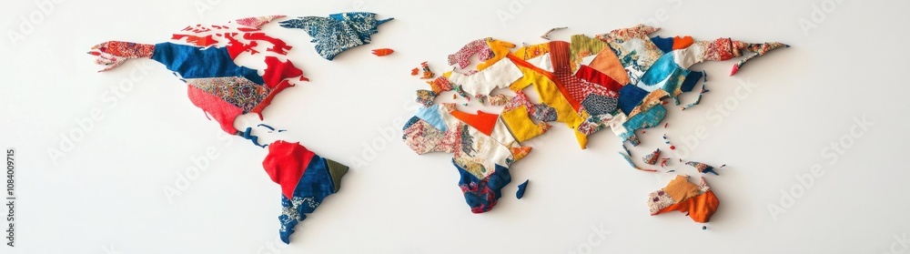 Poster a colorful world map created from fabric pieces, showcasing global diversity and creativity.