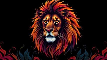Obraz premium Artistic lion with colorful mane portrayed on a striking black background, king of the jungle, mesmerizing, elegant