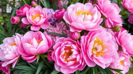 Obraz premium A vibrant arrangement of fresh pink peonies and roses with space for text, petals, romantic