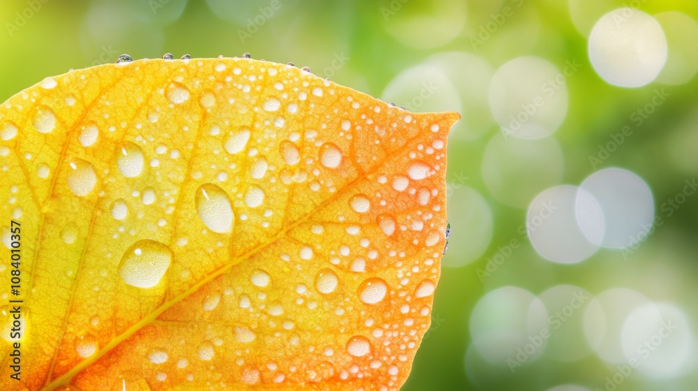 Poster close-up of a vibrant autumn leaf with water droplets and soft bokeh background in shades of green a