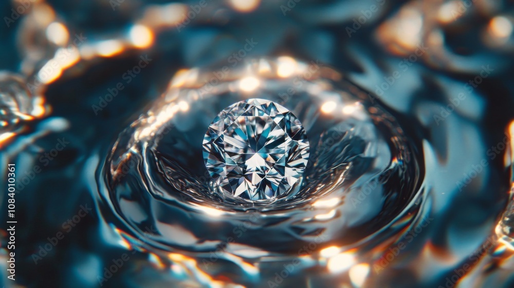 Poster radiant diamond resting on water surface creating ripples with reflections and shiny textures illumi