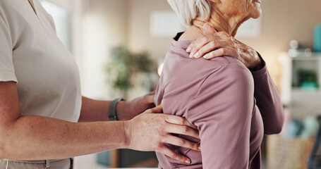 Physiotherapy, hands and healthcare with old woman and back pain for helping, medical and arthritis. Physical therapy, chiropractic and rehabilitation with senior patient and doctor for support