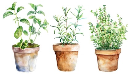 Obraz premium Watercolor illustration of herbs like rosemary, thyme, basil growing in pots on white background. Home herbarium