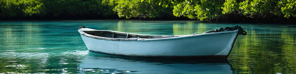 An idyllic close-up of a rowboat gently rocking on calm blue water, surrounded by lush greenery.