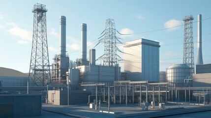 Obraz premium Industrial Power Plant Landscape with High Towers, Conduits, and Large Equipment Under Clear Blue Sky, Representing Modern Energy Production and Infrastructure Development