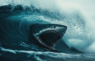 Fototapeta premium A shark's mouth open, baring its teeth against the background of an ocean wave