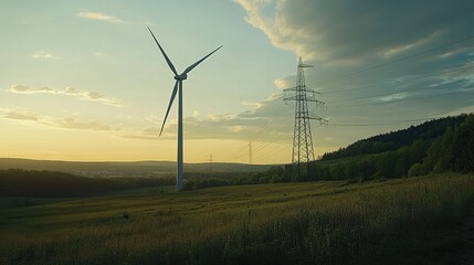 Obraz premium Scenic View of Wind Turbine Against a Beautiful Sunset in a Rural Landscape with Power Lines and Green Fields
