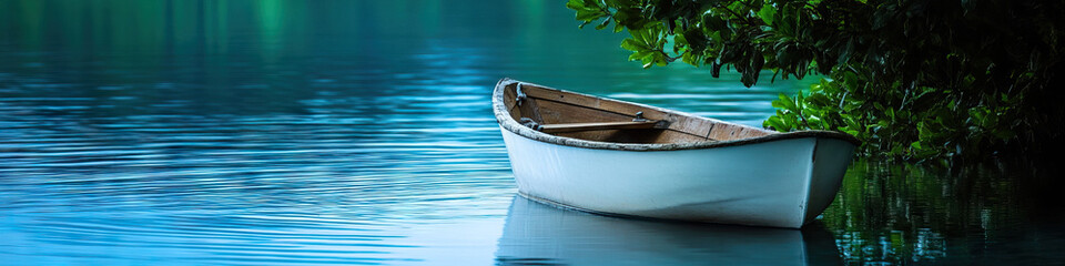 Obraz premium An idyllic close-up of a rowboat gently rocking on calm blue water, surrounded by lush greenery.