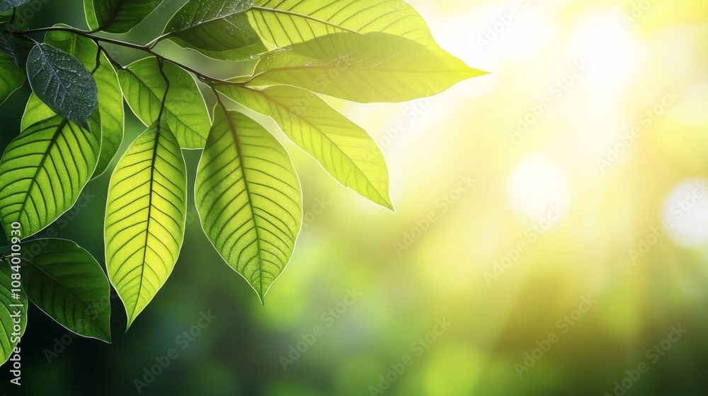 Poster Lush Green Leaves Glowing in Soft Morning Light with a Natural Background Creating a Peaceful and Refreshing Atmosphere in a Forest Setting
