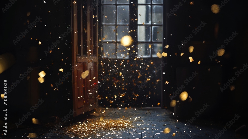 Aufkleber ethereal light particles dancing in a dark room with vintage windows creating a magical atmosphere o