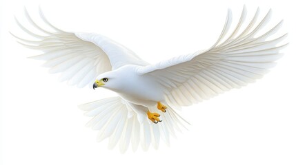 Obraz premium Majestic white bird with yellow beak in effortless flight across the sky 