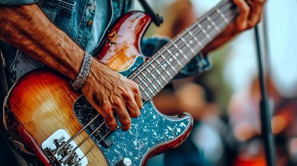 Obraz premium Bass player skillfully plucks strings with precision and style