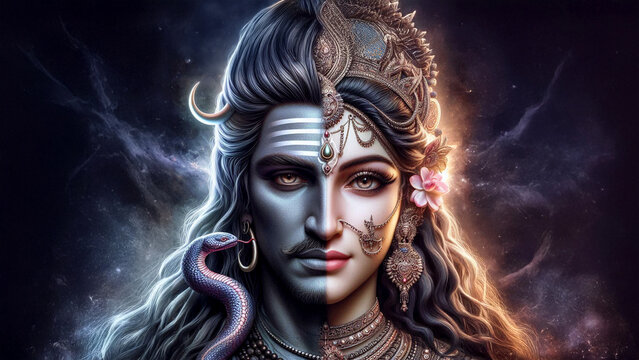 Potrait of lord shiva and goddess parvati in Ardhanarishvara form